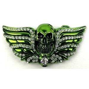 Washed Up Hollywood  1½” Pewter Plate Crystal Skull Head Belt Buckle Green Goth
